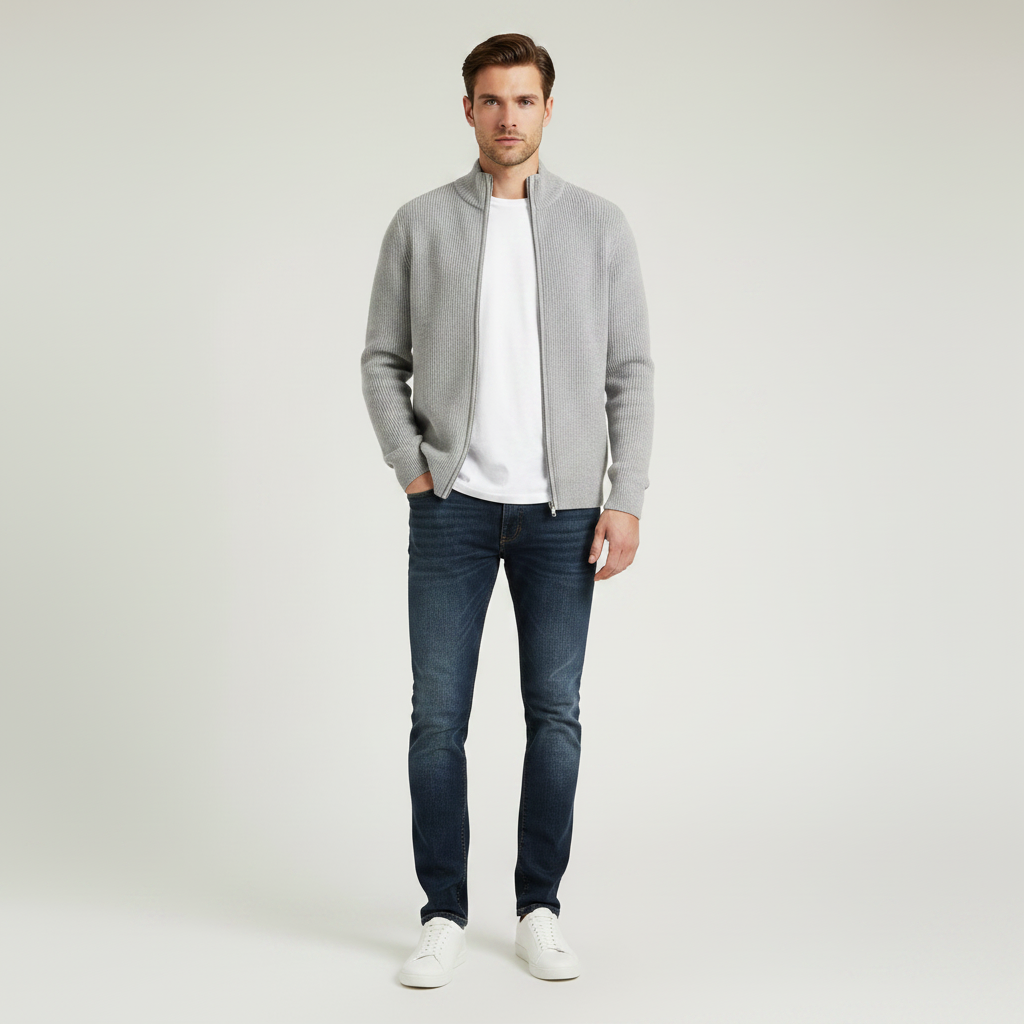 Men's Slim Fit Cardigan | Ribbed Zip-Up Sweater