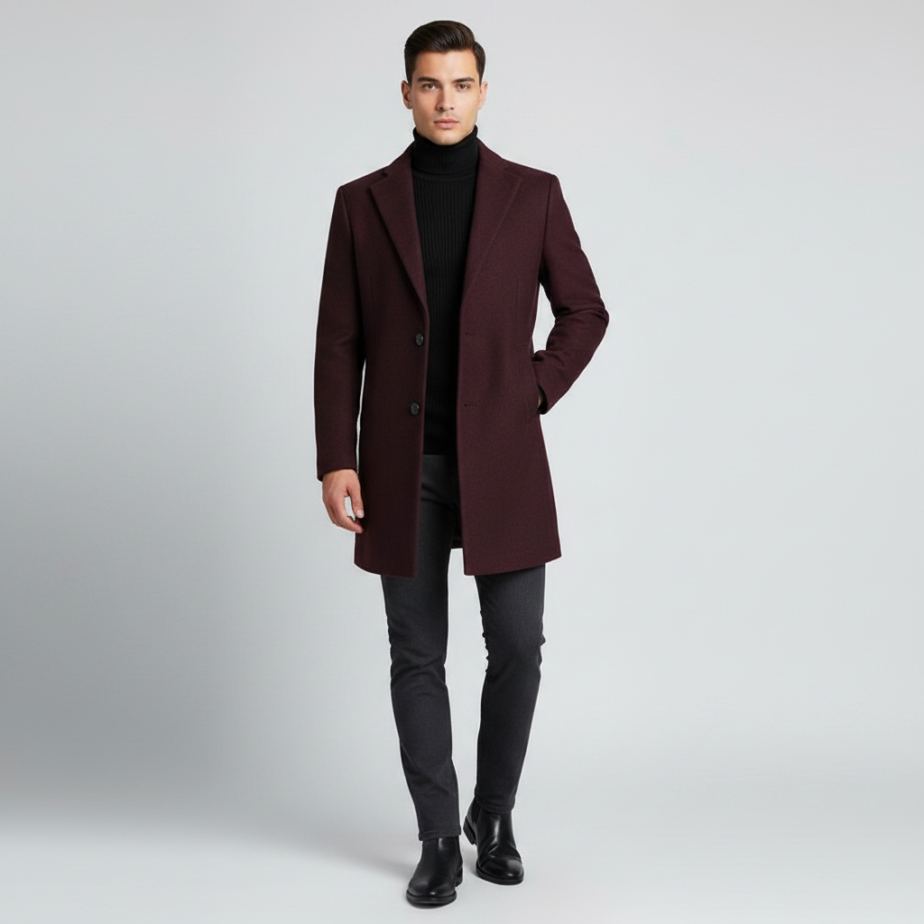 Men's Notched Lapel Long Coat | Stylish Men's Overcoat