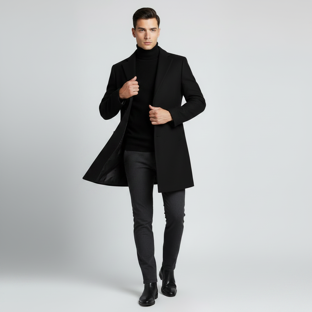 Men's Notched Lapel Long Coat | Stylish Men's Overcoat