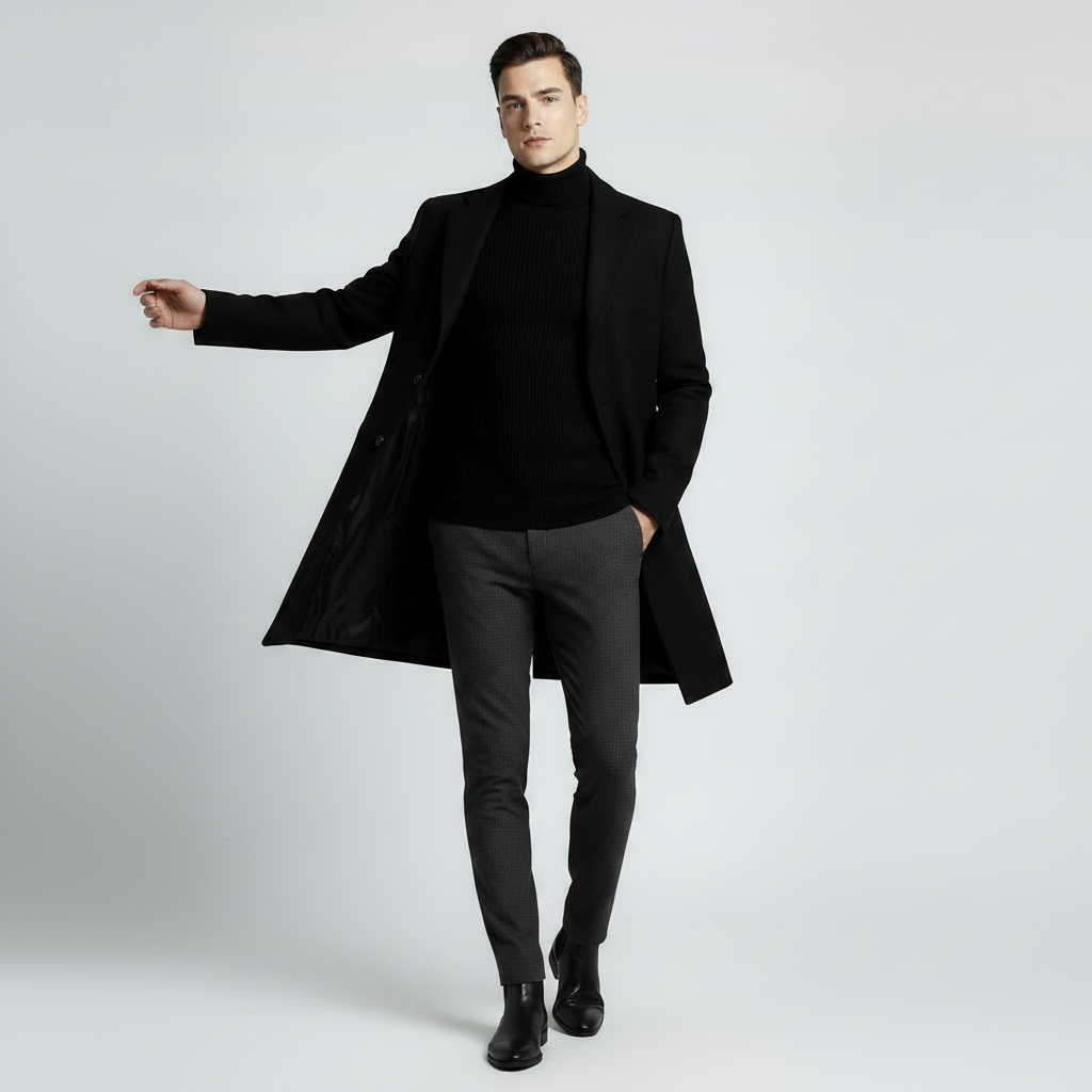 Men's Notched Lapel Long Coat | Stylish Men's Overcoat