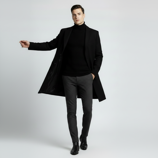 Men's Notched Lapel Long Coat | Stylish Men's Overcoat